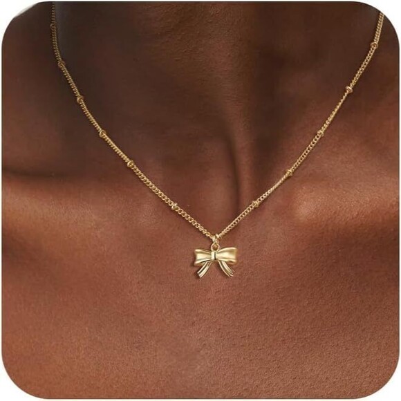 Gold Necklace Bow Knot Necklace Trendy 14K Dainty Tiny Bow Pendant Chain Gift - Picture 3 of 8